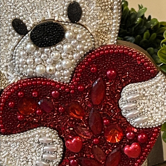 NEW! Vintage Inspired Valentines Day Beaded Wood Teddy Bear & Red Love Heart - Picture 2 of 5
